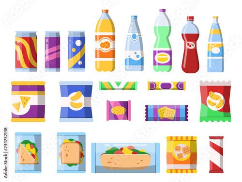 Snacks and drinks. Merchandising products fast food plastic containers water soda biscuits crisps bar chocolate vector flat pictures. Illustration of food sandwich, bottle beverage and snack
