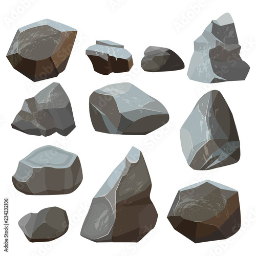 Stones cartoon. Rock mountains flagstone rocky vector illustrations isolated on white background. Stone rock of set, material granite natural