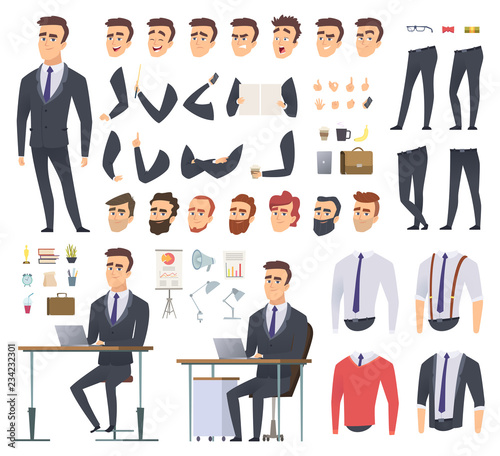 Manager creation kit. Businessman office person arms hands clothes and items vector male character animation project. Illustration of business man creation, body and emotion construction