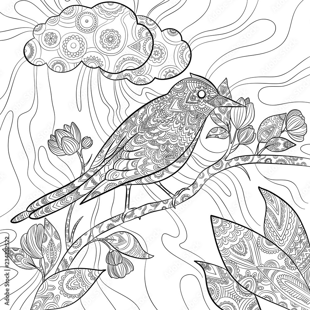 Coloring pages bird. Wild flying animal in sitting on branch vector nature  floral pattern line illustrations. Wildlife bird nature drawing sit on  branch tree Stock Vector | Adobe Stock