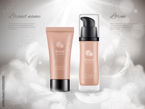 Cosmetics poster. Skin cream plastic bottles night clouds feathers steam luxury promotional advertizing realistic vector concept. Illustration of beauty cosmetic advertisement, packaging container