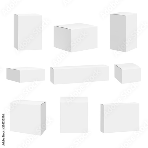 Blank white box. Packages container quadrate boxes detailed realistic vector mockup. Package mockup, box and container illustration