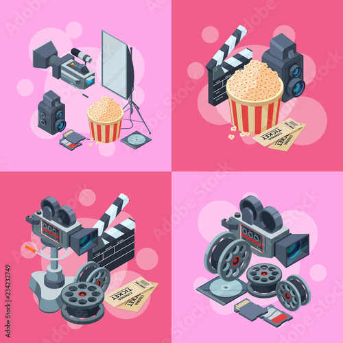 Vector cinematograph isometric elements infographic concept illustration. Cinema movie, entertainment 3d cinematography