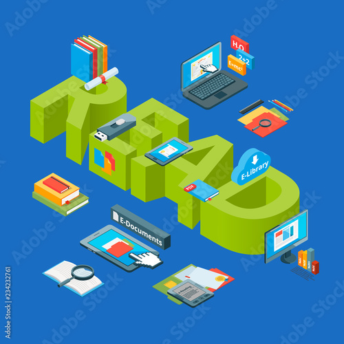 Vector isometric online education icons infographic concept illustration. Online education isometric, tutorial course