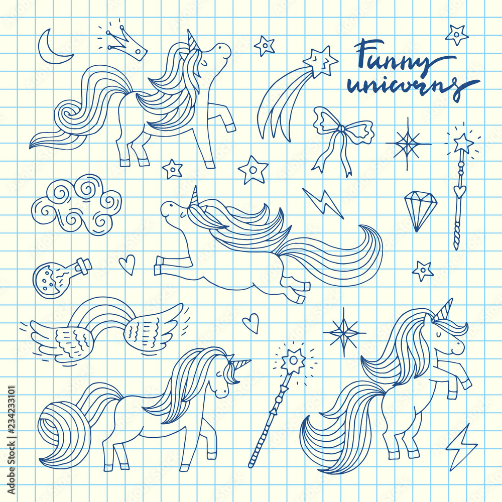 Vector cute hand drawn magic unicorns and stars set on blue cell sheet background illustration. Magic unicorn fairytale fantasy, doodle horse freehand Vector cute hand drawn magic unicorns and stars set on blue cell sheet background illustration. Magic unicorn fairytale fantasy, doodle horse freehand