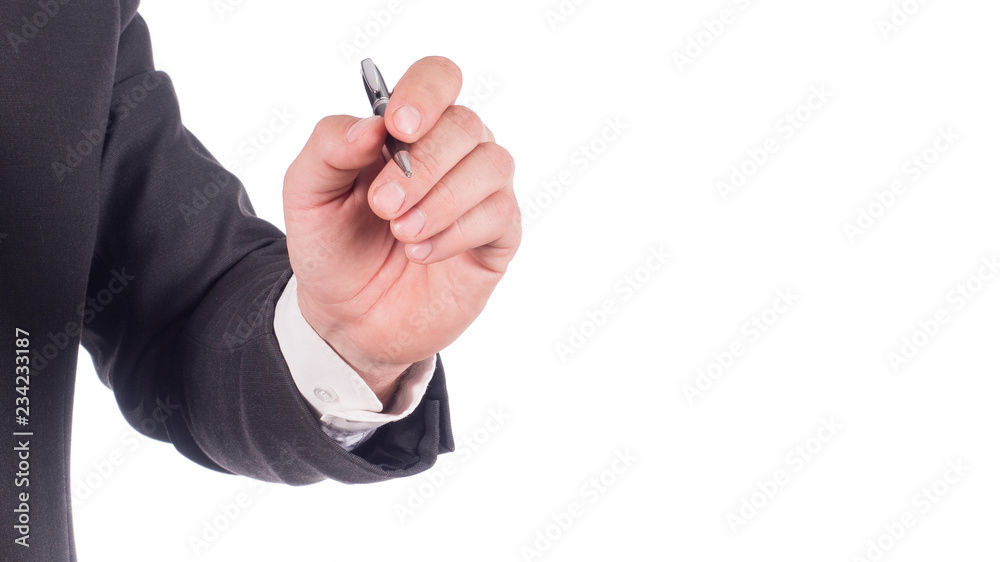 man in suit is writing something. Isolated on white background. man in suit is writing something. Isolated on white background.