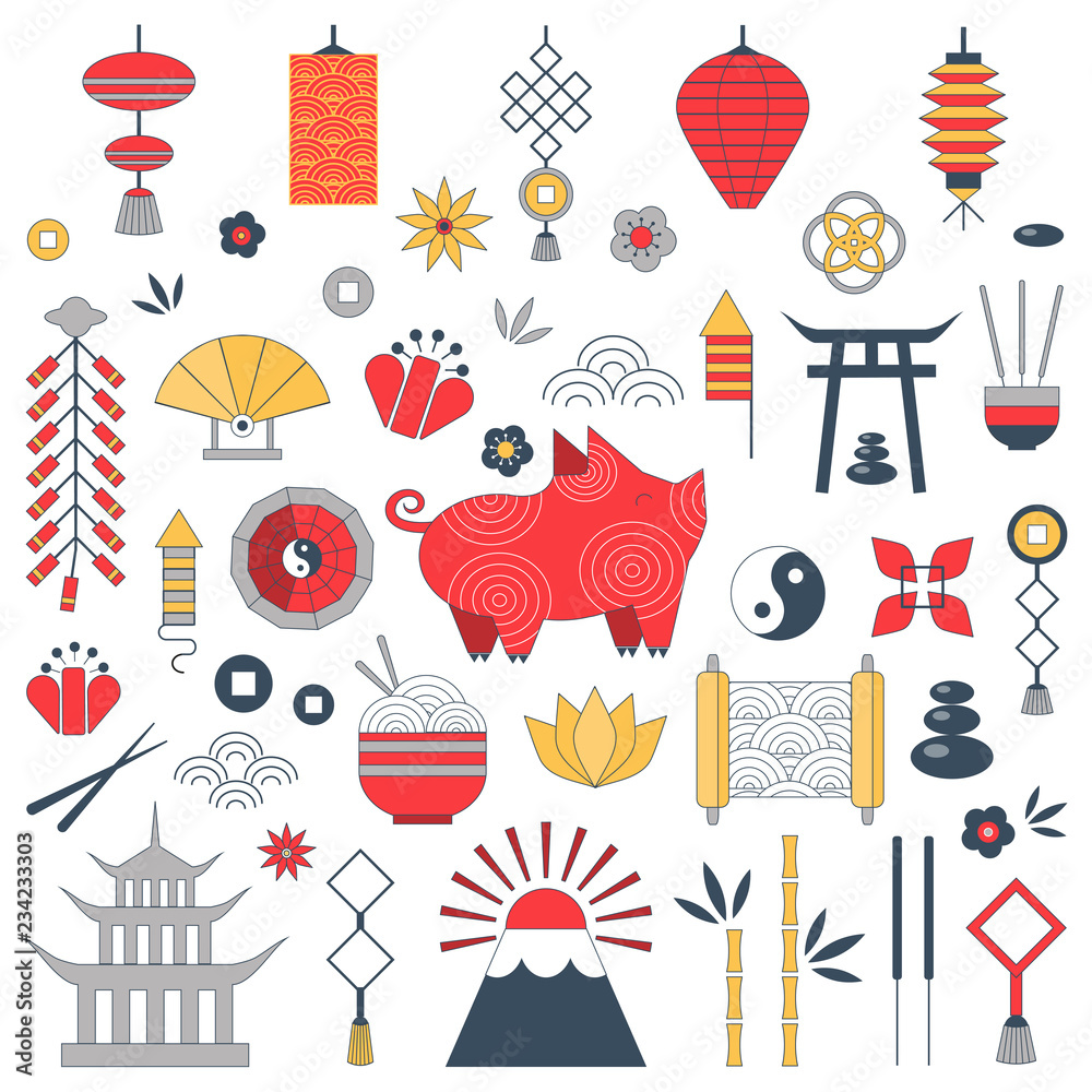 Chinese New Year set with pig zodiac 2019 symbol, asian lanterns, coins