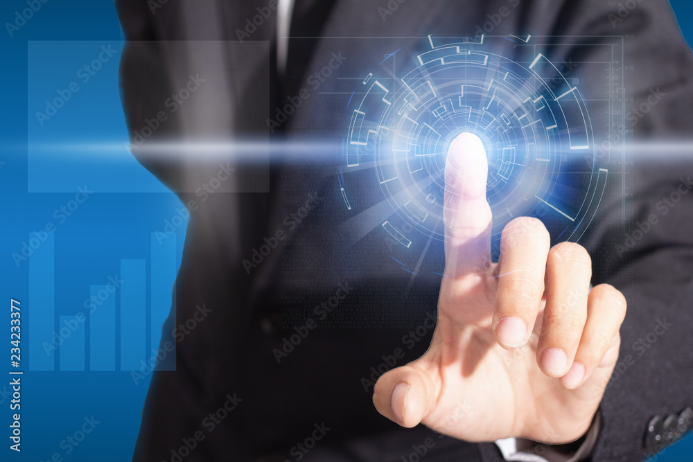 Close-up of finger businessman pushing on a touch digital screen interface. Isolated white background Close-up of finger businessman pushing on a touch digital screen interface. Isolated white background