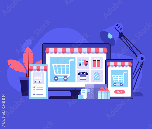 Internet shopping concept with device screens. Online digital store application banner in flat design. E-commerce advertising illustration with shopping cart and goods. Order online background.