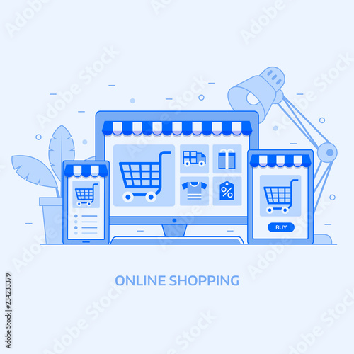 Internet shopping concept with device screens. Online digital store application banner in flat design. E-commerce advertising illustration with shopping cart and goods. Order online background.