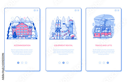 Ski resort onboarding mobile app page screens with hotel accommodation, winter sports equipment rental and ski lift in line art design. Winter holidays in mountains vertical banners for applications.