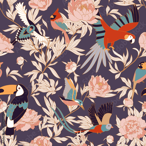 Seamless pattern with peonies and parrots weaving together. Bright tropical pattern, flowering peonies, and birds. on dark.