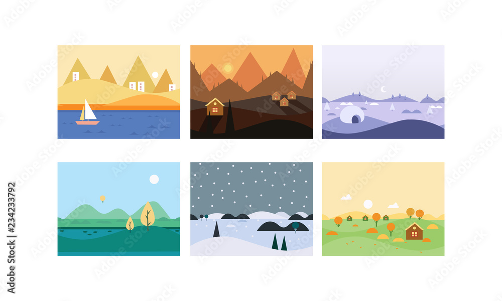 Obraz premium Natural landscape set, cute beautiful scenes of nature vector Illustration