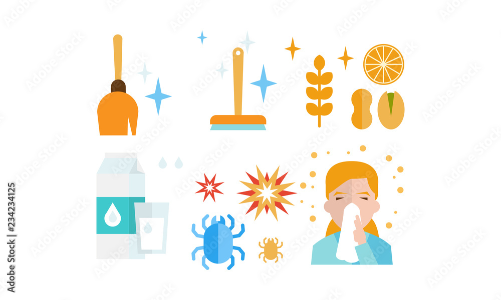 Allergy symptoms and treatment icons set, allergic reaction to dust