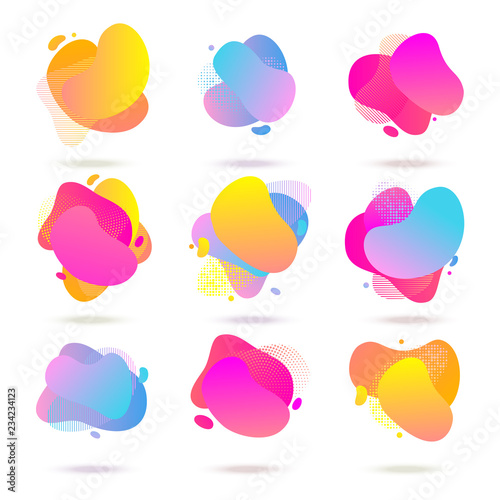 Color abstract liquid halftone patterns, fluid color gradient background. Vector creative shape watercolor neon colors splash