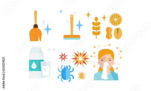 Allergy symptoms and treatment icons set, allergic reaction to dust, food, dairy products, insects, allergic rhinitis vector Illustration