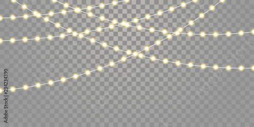 Christmas lights vector isolated strings. Holiday celebration Xmas, birthday or festival lamp lights on transparent background