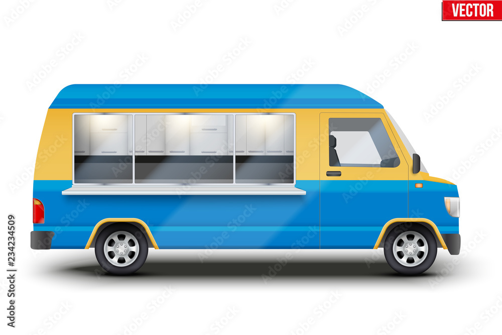 Modern Food Truck. Fast food van with window. Yellow and blue color. Editable Vector illustration Isolated on white background.