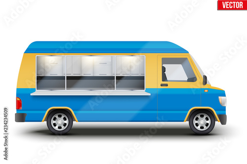 Modern Food Truck. Fast food van with window. Yellow and blue color. Editable Vector illustration Isolated on white background.
