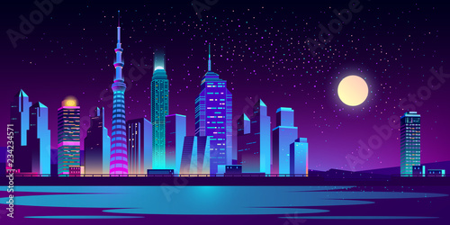Modern city night landscape cartoon vector with illuminated neon light skyscrapers on riverbank or sea shore illustration. Futuristic cityscape in moon light. Metropolis new district. Urban background