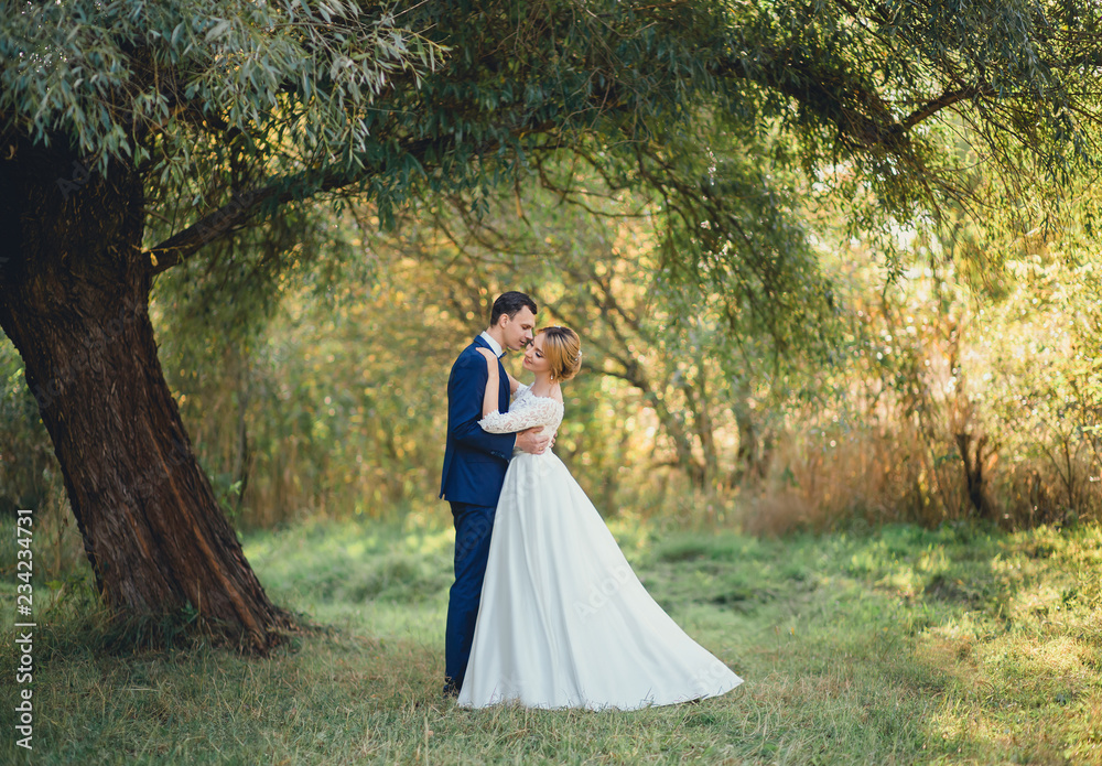 Lovely young couple hugging on a lawn under a tree. bride with blonde hair in a long white gorgeous wedding dress next to the groom in a stylish blue suit whispers beloved in her ear