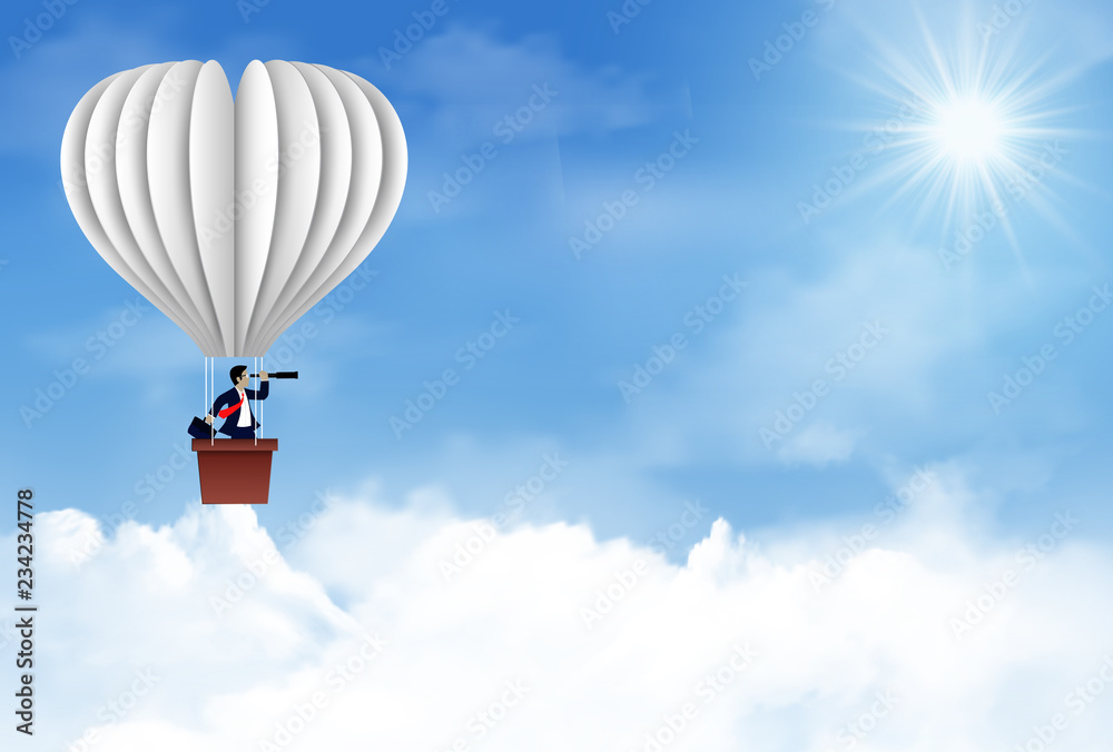 Fototapeta premium One businessman is in a white balloon. holding a binocular Floating in the sky between cloud. to be one of the highest achievers. new idea. different business success concept. leadership. startup
