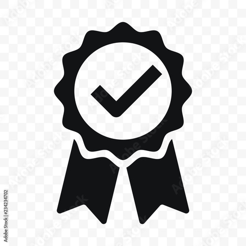 Quality icon, certified check mark ribbon label. Vector premium product certified or best choice recommended award and warranty approved certificate stamp photo