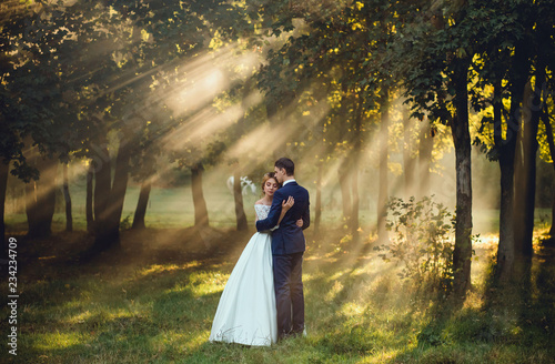 cute and calm photo of a young bride in a beautiful long white a wedding magnificent dress and the groom to a strict fashionable stylish blue suit. lovers hug each other in the rays of the day sun