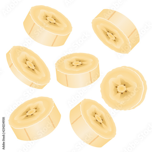 Falling pieces of yellow banana on white background isolated.