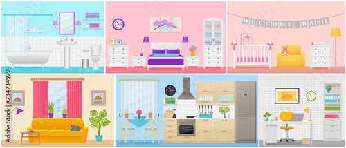 Room interiors. Vector. Living room, bedroom, bathroom, nursery, kitchen, workplace in flat design. Home inside. Cartoon apartment with window. House, hotel equipment, furniture. Set illustration.