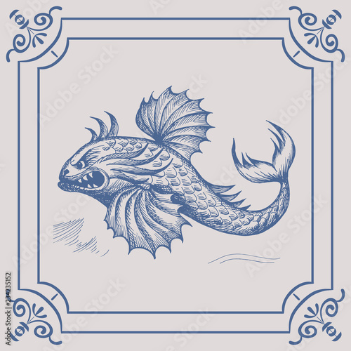 Mythological vintage sea monster on the Blue Dutch tile. Imitation. Glazed porcelain ceramic.
