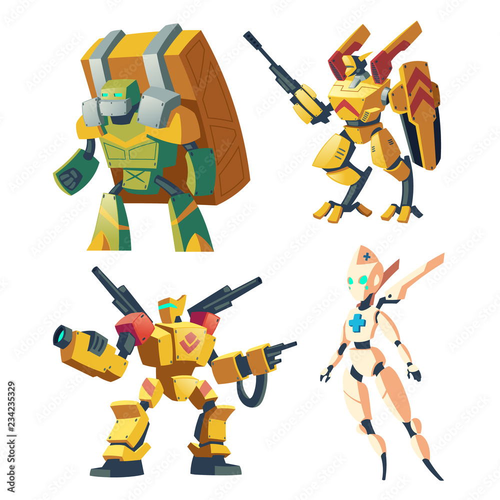 Vector cartoon combat robots for role playing video game. Battle androids.  Medic, carrier with artificial intelligence in protective armor isolated on  white background. Futuristic soldier, robotic toy vector de Stock | Adobe