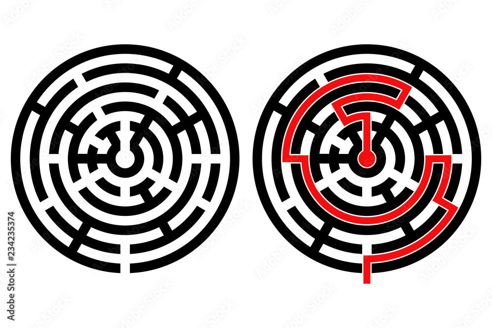 Black round maze with solution. With and without red path to center Black round maze with solution. With and without red path to center