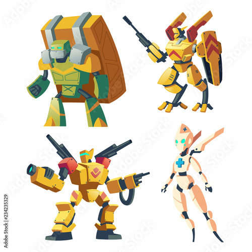 Vector cartoon combat robots for role playing video game. Battle androids. Medic, carrier with artificial intelligence in protective armor isolated on white background. Futuristic soldier, robotic toy