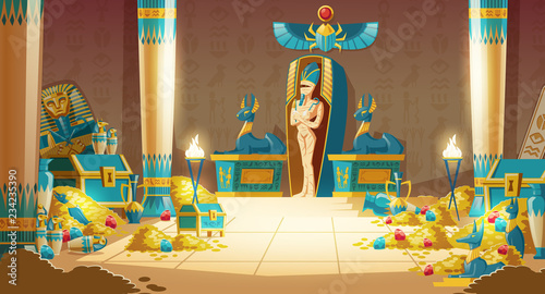 Vector Egyptian tomb - pharaoh sarcophagus with mummy, treasure and other symbols of culture. Cartoon background of ancient pyramid with gold. Anubis, Bastet sculptures, hieroglyphs and scarab.