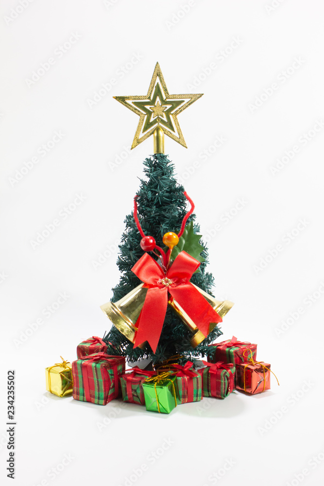 christmas tree and gift box isolated white background. christmas tree and gift box isolated white background.
