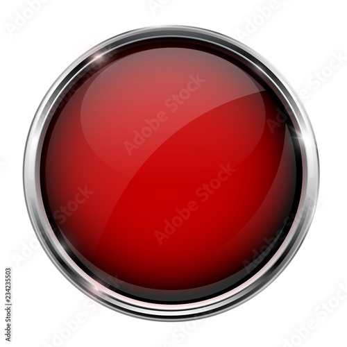 Red glass button. Round 3d shiny icon with metal frame