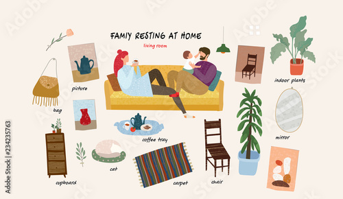 Set of isolated  flat vector illustrations of a happy family with a child at home and interior objects and furniture in the living room in an apartment