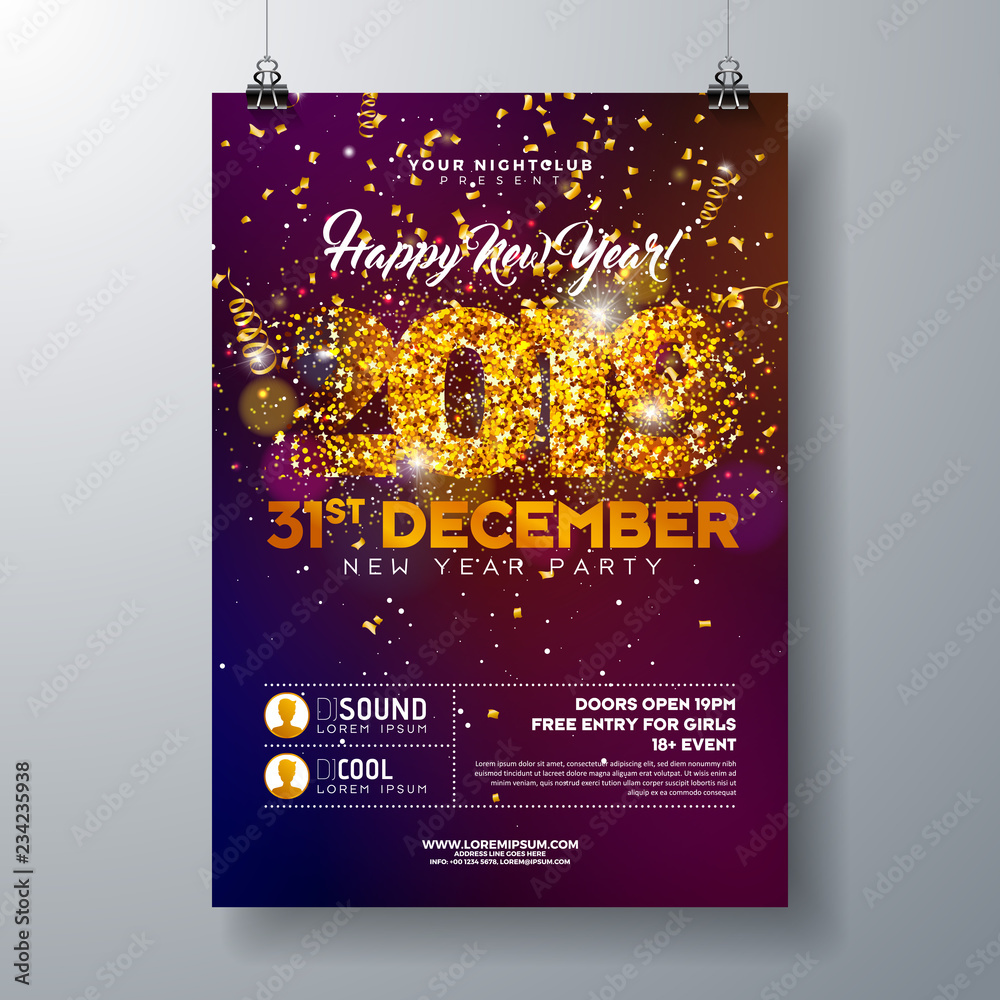 2019 New Year Party Celebration Poster Template illustration with Gold Glittered Number and Falling Colorful Confetti on Shiny Background. Vector Holiday Premium Invitation Flyer or Promo Banner.