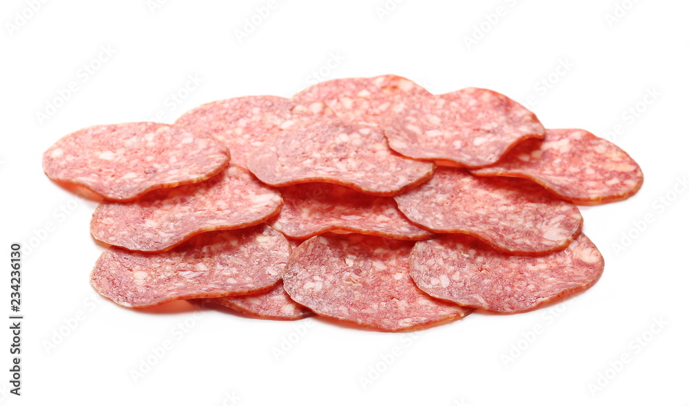 Salami sausage slices isolated on white background