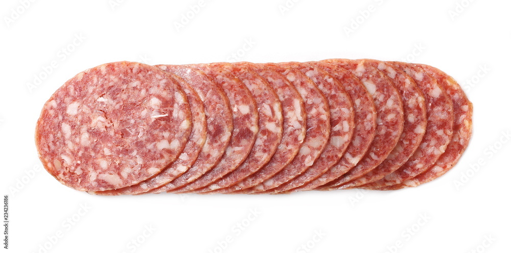 Salami sausage slices isolated on white background, top view Salami sausage slices isolated on white background, top view