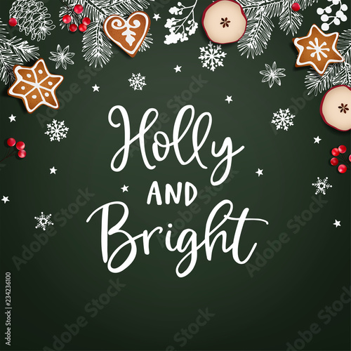 Holly and Bright Christmas greeting card, invitation. Decorative frame, banner. Hand drawn chalk fir branches, snowflakes, berries, apple and gingerbread cookies. Green background. Vector illustration