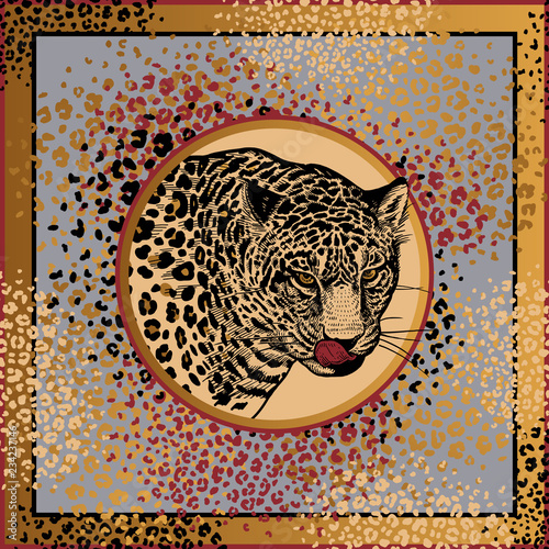 Leopard and fur spots. Template for design scarf or pillow. Beast style.