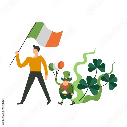 : Saint Patrick day parade, man and leprechaun gnome marching ho