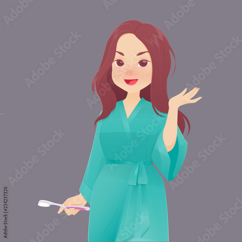Illustration woman in green robe brushing teeth against gray background, Vector and Cartoon.