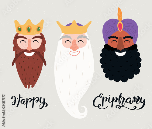 Hand drawn vector illustration of three kings of orient portraits, with lettering quote Happy Epiphany. Isolated objects on gray background. Flat style design. Concept, element for card, banner.