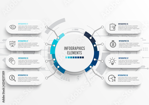 Vector infographic template with 3D paper label, integrated circles. Business concept with 8 options. For content, diagram, flowchart, steps, parts, timeline infographics, workflow, chart.
