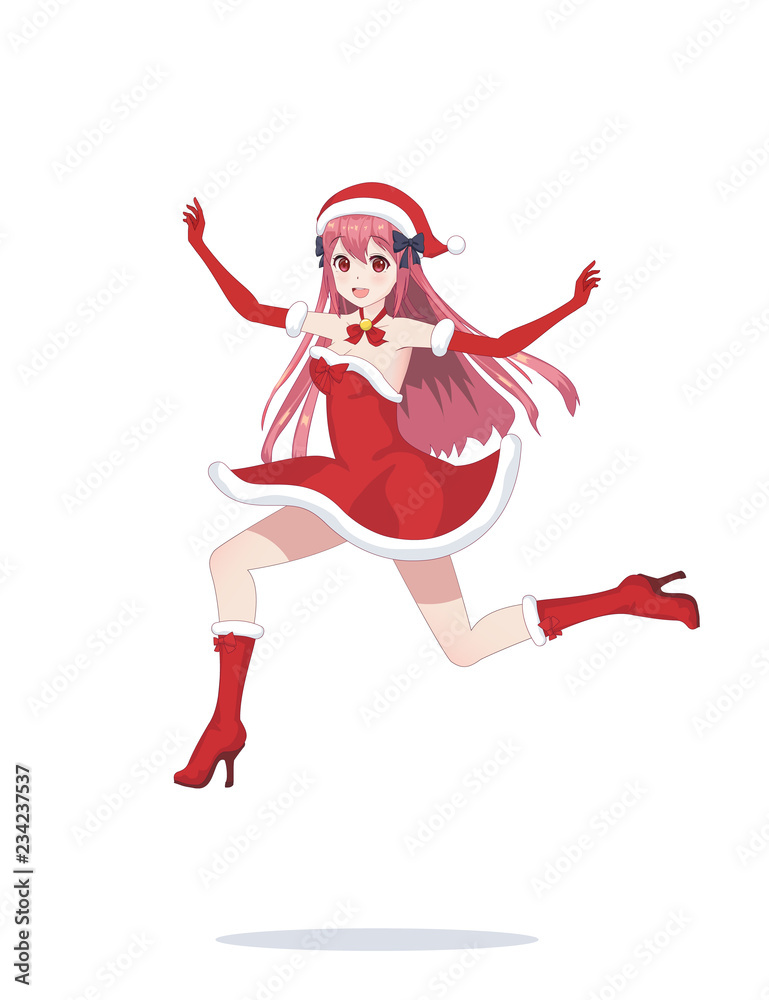 Joyful anime manga girl as Santa Claus in a jump