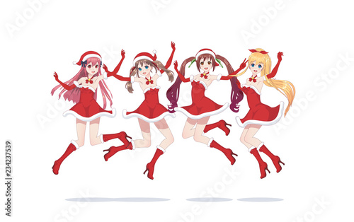 Joyful anime manga girls as Santa Claus in a jump