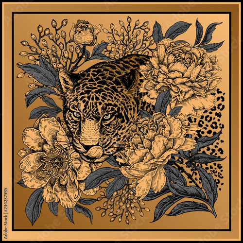 Print with animal leopard and flowers peonies.